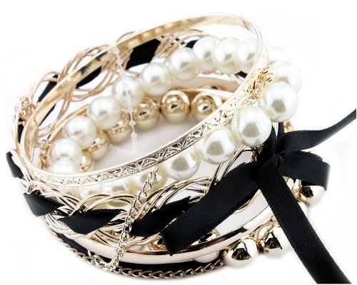 BONAMART รยฎ Black Set Of Korean Romatic Design Multilayer Braided Bow Faux Pearl Bead Bracelet Bangle Fashion Jewelry BONAMART รยฎ Black Set Of Korean Romatic Design Multilayer Braided Bow Faux Pearl Bead Bracelet Bangle Fashion Jewelry