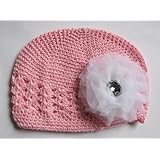 A Girl Company Easter Pink Crochet Beanie Hat with White Tulle Brooch/Clip for Girls and Baby