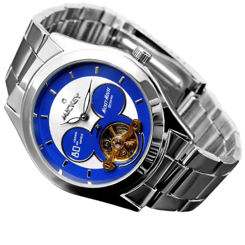 Disney ディズニー ミッキー 生誕 80周年記念 テンプスケルトン バイカラー 腕時計 シルバーベルト×ブルー文字盤 スワロフスキー 青 白 [並行輸入品]