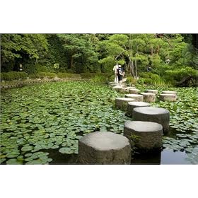 photographie Couple walking over stepping stones at Naka Shin'en (Middle Garden) at Heian jingu s...