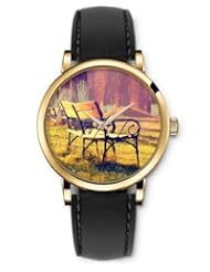 SPRAWL Aanalog Fashion Series Gold Ladies Watches of Genuine Black Leather Strap,Unique Wrist Watch for Women Girls Designed with Bench in the park