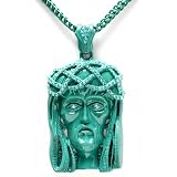 Green Plated Mens Hip Hop Iced CZ Cubic Zirconia Micro Pave Religious Jesus Face 3.5 in x 2 in Pendant (FREE 38 in Franco chain)