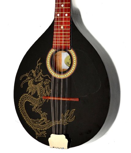 Produkt-Bild: schwarze Akustik Mandoline mit Drachenmotiv Bluegrass Flachmandoline A-Form mit F L&ouml;chern