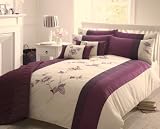 Purple & Cream Double Duvet Cover - Floral Bed Set - Embroidered Bed Linen