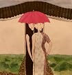 Original watercolor Chinese painting - three ladies under a red umbrella infront of the garden, Shanghai