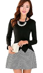 A-line Colorblocking Two-Toned Polka Dot Print Long Sleeves Fit-and-Flare  Dress