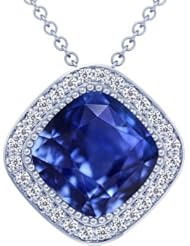 18K White Gold Cushion Cut Blue Sapphire And Round Diamond Pendant (GIA Certificate)