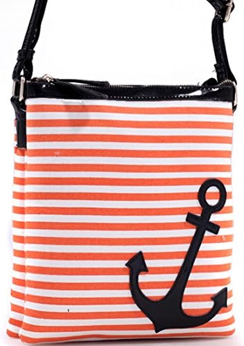 Dasein Anchor Canvas Striped Messenger Bag with Adjustable Patent Shoulder Strap - Orange Stripes/ Black Trim