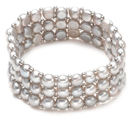 Dyed Grey Freshwater Cultured Pearl and Sterling Silver Beaded Stretch Bracelet