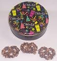 Scott's Cakes 1 lb. Dark Chocolate Covered Pretzel with Chocolate Chips & Peanut Butter Chips in a Celebrate Tin