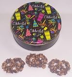 Scott's Cakes 1 lb. Dark Chocolate Covered Pretzel with Chocolate Chips & Peanut Butter Chips in a Celebrate Tin