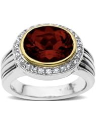 S&G Sterling Silver and 14k Yellow Gold Oval Garnet with Diamond-Accent Ring (0.12 cttw, I-J Color, I3 Clarity)