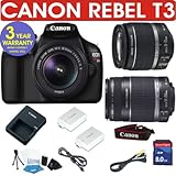 CANON REBEL T3 DIGITAL CAMERA BODY + CANON 18-55 IS LENS + CANON 55-250 ZOOM LENS + 8GB MEMORY CARD + HOLSTER CASE + EXTRA BATTERY + 6 PIECE STARTER KIT + 3 YEAR CELLTIME WARRANTY