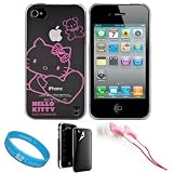 Clear Pink Hello Kitty Crystal Hard Case Back Cover with Rhinestone Adornment for Apple iPhone 4S / iPhone 4 + Privacy Screen Protector + Pink Hifi Noise Reducing Headphones with 3.5 mm Jack + SumacLife TM Wisdom Courage Wristband