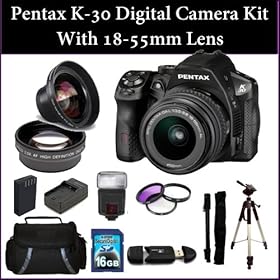 Pentax K-30(Black) Digital Camera Kit with 18-55mm Lens. Includes: 3 Piece Filter Kit(UV-CPL-FLD), Digital Flash, 16GB Memory Card, Tripod, Carrying Case & much More..!! 15613
