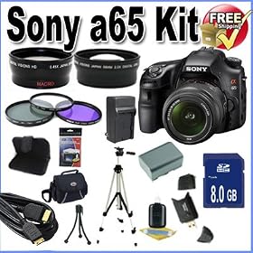 Sony A65 24.3 MP Translucent Mirror Digital SLR With 18-55mm Lens + 8GB SDHC Memory + Extended Life Battery + Ac/Dc Rapid Charger + USB Card Reader + Memory Card Wallet + Deluxe Case w/Strap + Mini HDMI to HDMI Cable + 3 piece 55mm professional filter kit + Super Wide Angle Lens + Telephoto Lens + P