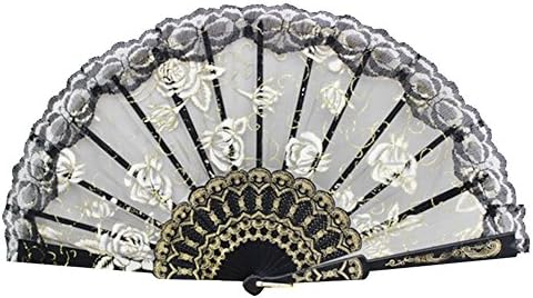 Kasjet Rose Pattern Chinese Folding Hand Held Fan Black