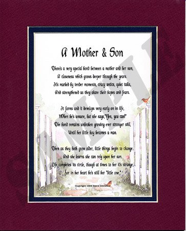 A Mother & Son Touching 8x10 poem, Double-matted in Burgundy/Dark Green And Enhanced With Watercolor Graphics.