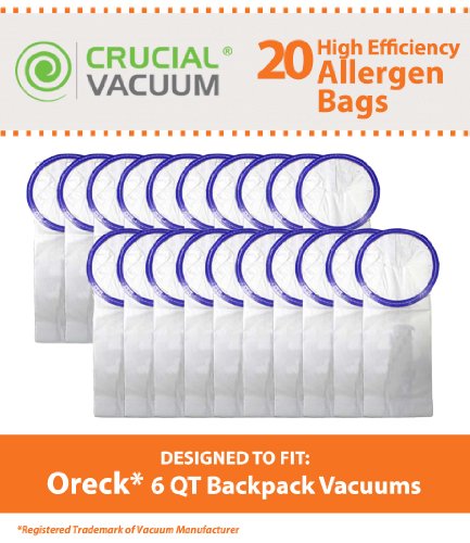 20 Oreck PKBP10 6 QT Vacuum Bags, Fits Oreck 6 QT Backpack Vacuums, Compare to Part # PKBP10, Designed & Engineered by Crucial Vacuum