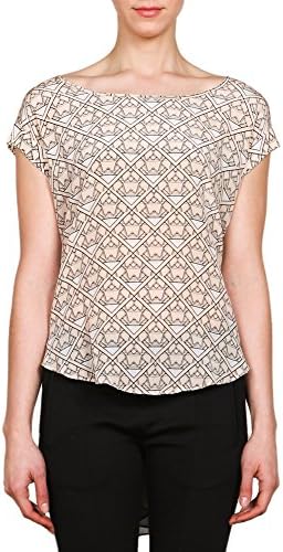 ArynK Women's Cap Sleeve Printed Sheer Back Hi-Lo Top M Nude/Black