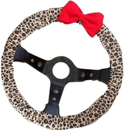 Jazzie Creations Handmade Cotton Fabric Tan, Brown, Black Cheetah Leopard Print Steering Wheel Cover with Red Bow Non Slip Cool in Summer One Size Fits Most