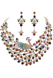 Peacock Statement Necklace Earrings Set Austrian Crystal Gold-Tone