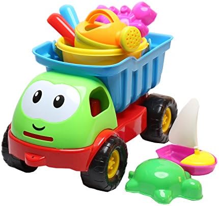 FGN Beach Toys for kids, pool toy set -8 Piece Sand Toy truck for Baby, Toddlers With Mesh Bag -Random Color Red, Green
