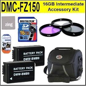 Panasonic Lumix DMC-FZ150 Digital Camera Intermediate Accessory Kit - Includes Qty 2 DMW-BMB9 Replacement Batteries + 16GB SD Memeory Card + Camera Bag + 52MM 3PC Filter Set + Cleaning Cloth + LCD Screen Protectors