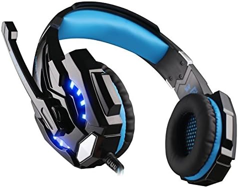 GuDenns PS4 PlayStation 4 cellphone Stereo gaming headset with Microphone Mic 3.5mm Audio Connector LED Noise Isolation/In-line for Tablet iPhone PC gamers Wired Headphone Black and Blue
