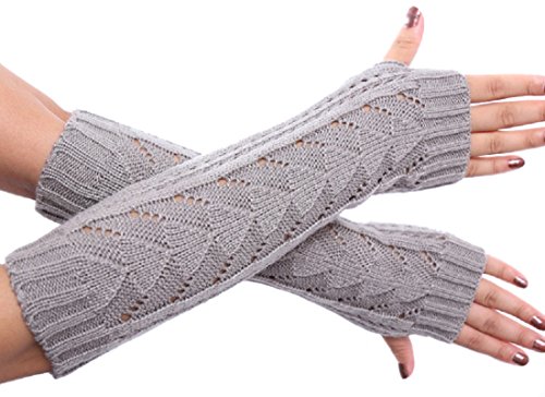 Senchanting Lady Winter Long Stretch Weave Knit Arm Warmer Fingerless Hollow Out Gloves (Light Gray)