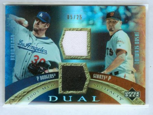 Brad Penny & Jason Schmidt 2005 Upper Deck Baseball Dual MLB Artifacts Game Worn Jerseys Card #DA-PS & #/25 / Los Angeles Dodgers / San Francisco Giants