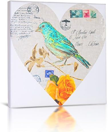 Postcard Bird, Canvas Art Features Vintage Heart Shaped Post Card with Green Bird and Yellow Rose for Baby Nursery, Modern Kids Rooms, Home Décor, 16 X 16, By Green Frog