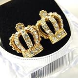 Gorgeous ICE CUBE Gift Boxed Crystal Crown Stud Earrings Gold Tone