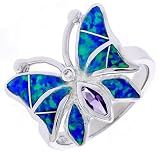 Sterling Silver, Synthetic Opal Inlay Butterfly Ring, w/ Marquise Shape Amethyst CZ, 5/8 (16 mm) wide
