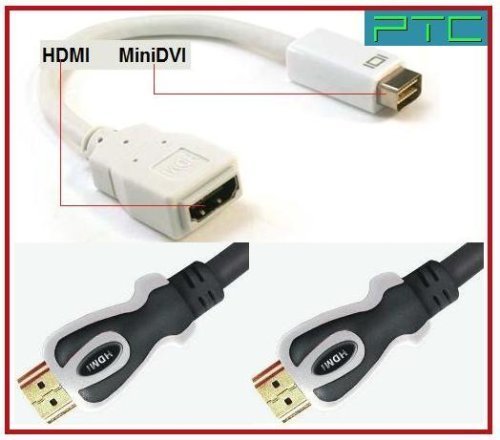 PTC Premium Mini-DVI to HDMI adapter with 10 ft Premium Dual Tone HDMI cable VALUED PACK - white - for iMac (Intel Core Duo), MacBook, and 12-inch PowerBook G4 with Mini-DVI connection (Note: Mini DVI is not the same as Mini Displayport)