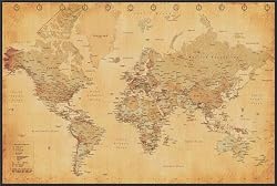 World Map Vintage Style 24x36 Poster FRAMED