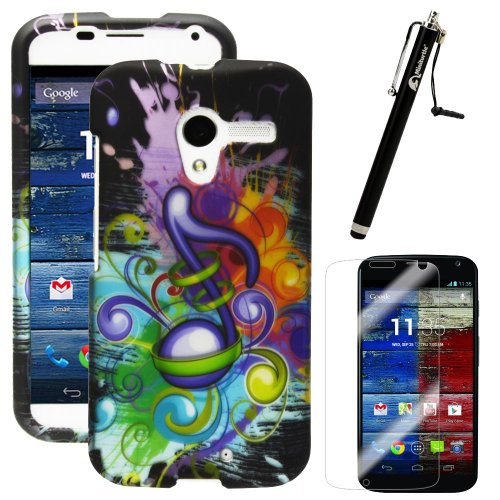 MINITURTLE, Slim Fit Rubber Feel 2 Piece Graphic Image Snap On Hard Phone Case Cover, Stylus Pen, and Screen Protector for Android Smartphone Motorola Moto X XT1058 (Music Symbol)