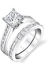 Sterling Silver Princess Cut Bridal Set Engagement Wedding Ring Bands With Cubic Zirconia