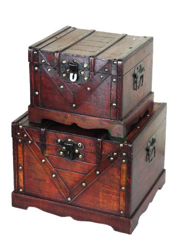 Set of 2 Trunks, Wooden Treasure Boxes, Old Style Treasure Chest