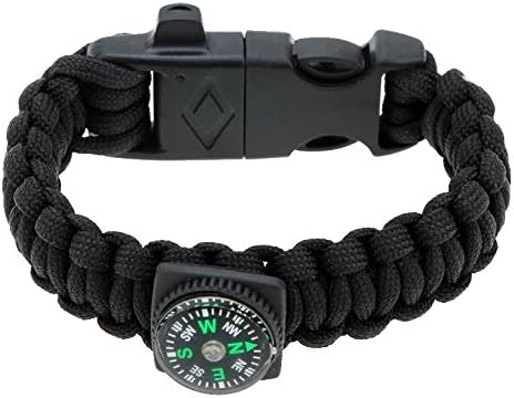 Outdoor Kingdom Emergency Survival Paracord Bracelet with Whistle, Compass, Scraper &amp; Firestarter for Campers, Hikers, Hunters and all Nature Enthusiasts. (Black)