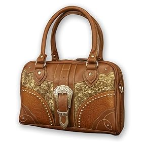 Mocha pebble grain Hair on Hide Leather Handbag 'Cowgirl Romance' 1 Compartment