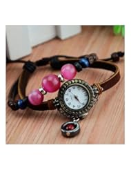 Pythons Manual Retro Bracelet Red Beads Leather Women Watches