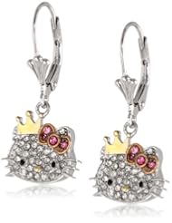 Hello Kitty Girls "Princess Pave" Sterling Silver Pave Crystal Face Pink Crystal Bow Yellow Gold Plated Leverback Drop Earrings