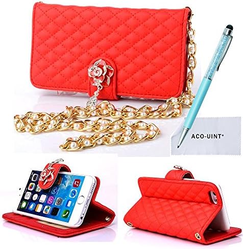 iPhone 6 Case, iPhone 6 4.7" Leather Case, ACO-UINT Luxury Elegant Design Wallet Purse Leather Credit Card Holder Case Cover for iPhone 6 4.7" with Pearl Wrist Strap, One 2 in 1 Diamond Shining Stylus Pens/2 Screen Protector/ACO-UINT Microfiber Cleaning Cloth Included (Pearl Strap - hot red)