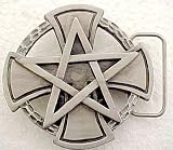 Pewter Pentagram On Iron Cross Belt Buckle Pagan Biker