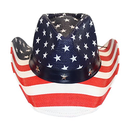 USA American Flag Straw Cowboy Hat w/ Shapeable Brim, Red, White, Navy