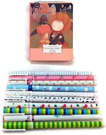 Nyashi - Cute Kawaii Stationery Set of 10 Color Gel Pens &amp; a Beautiful Pocket Notebook (Cat &amp; Girl Theme) (Peach)