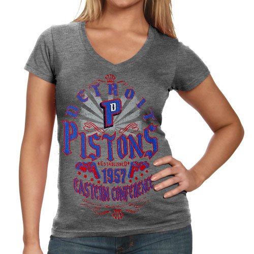 Detroit Pistons Ladies Missy Tri-Blend V-Neck Premium T-Shirt - Ash (Small)