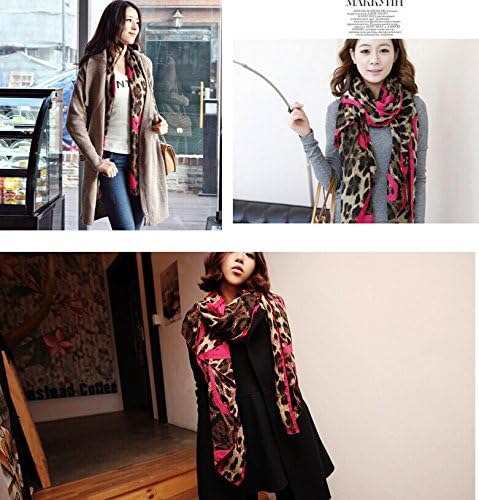 Newill Women's Autumn Spring Fashion Elegant Big Heart Leopard Printed Long Soft Scarf Shawl Scarves Color Rose Red