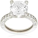 Platinum Overlay Sterling Silver "100 Facets Collection" Solitaire Cubic Zirconia Ring w/ Channel-Set Cubic Zirconia Accent